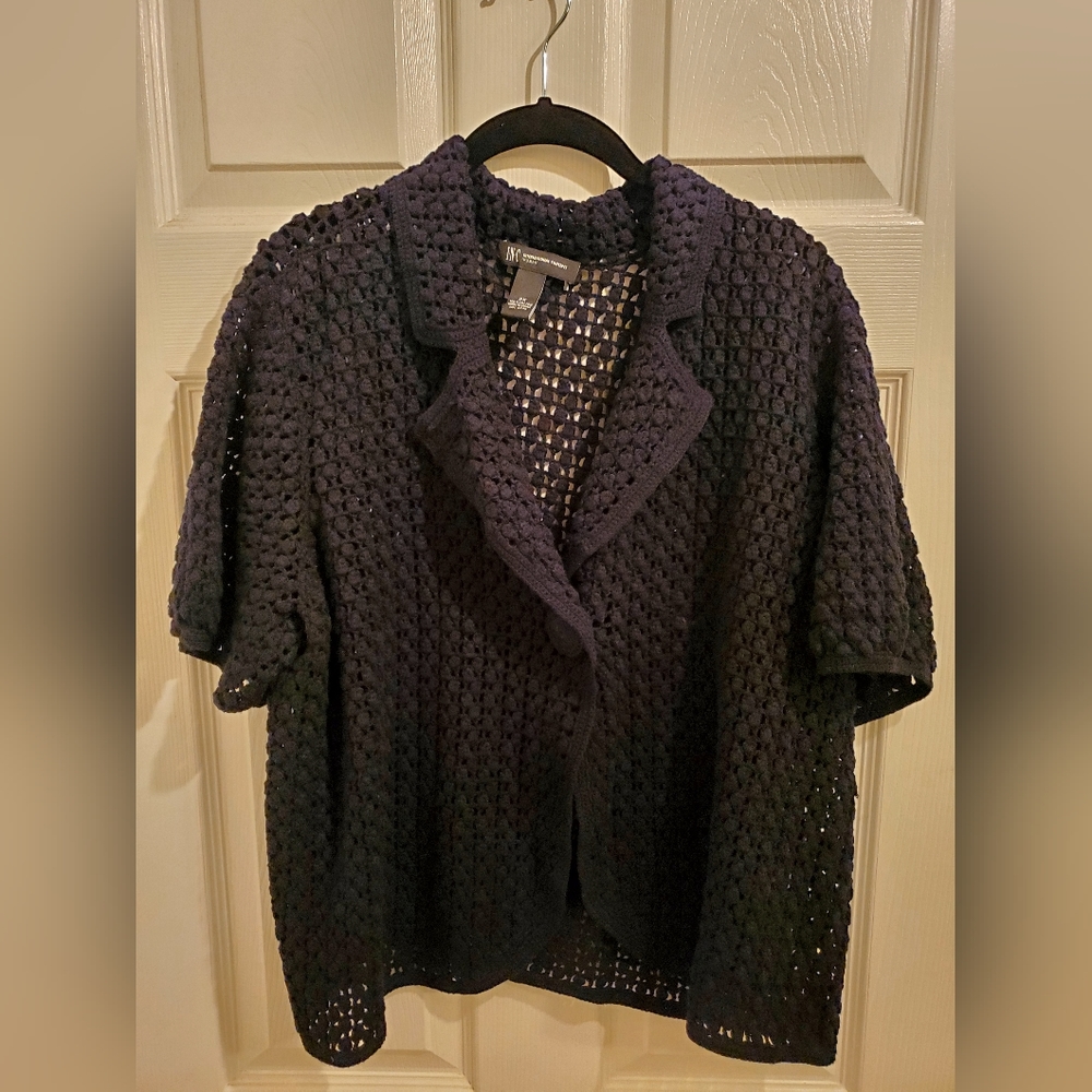 Womens INC navy knit sweater with collar detail. Snap button closure. Like new!